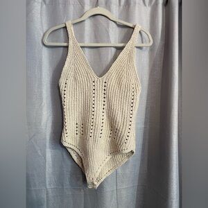 Free People Cream Crochet Bodysuit with V-Neck